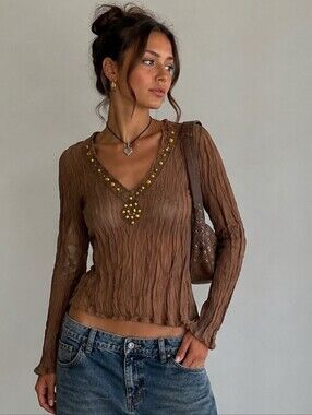 Worthington Y2K Fairycore Mermaid Chiffon Crinkle Grunge Boho Whimsigoth Top L